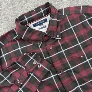 Tommy Hilfiger Button Down Large Black Red Plaid Regular Fit Stretch Men's